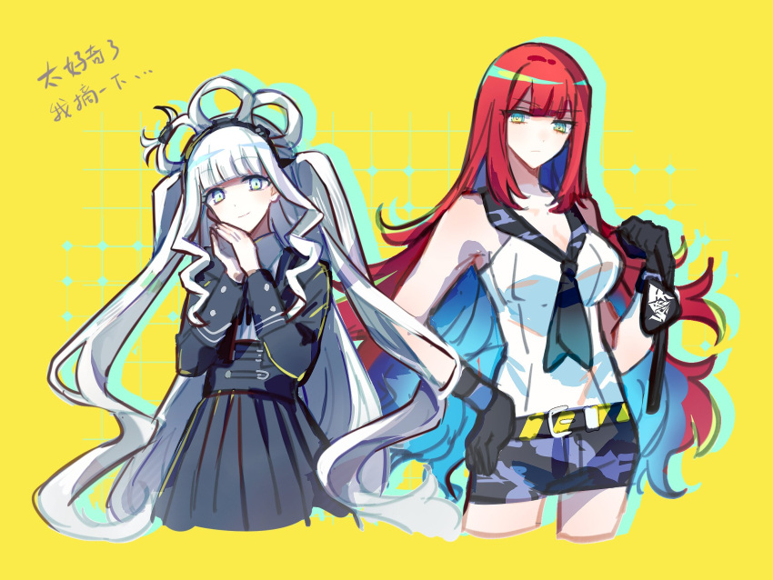 2girls, belt, black_belt, black_gloves, black_jacket, black_neckerchief, black_shorts, black_skirt