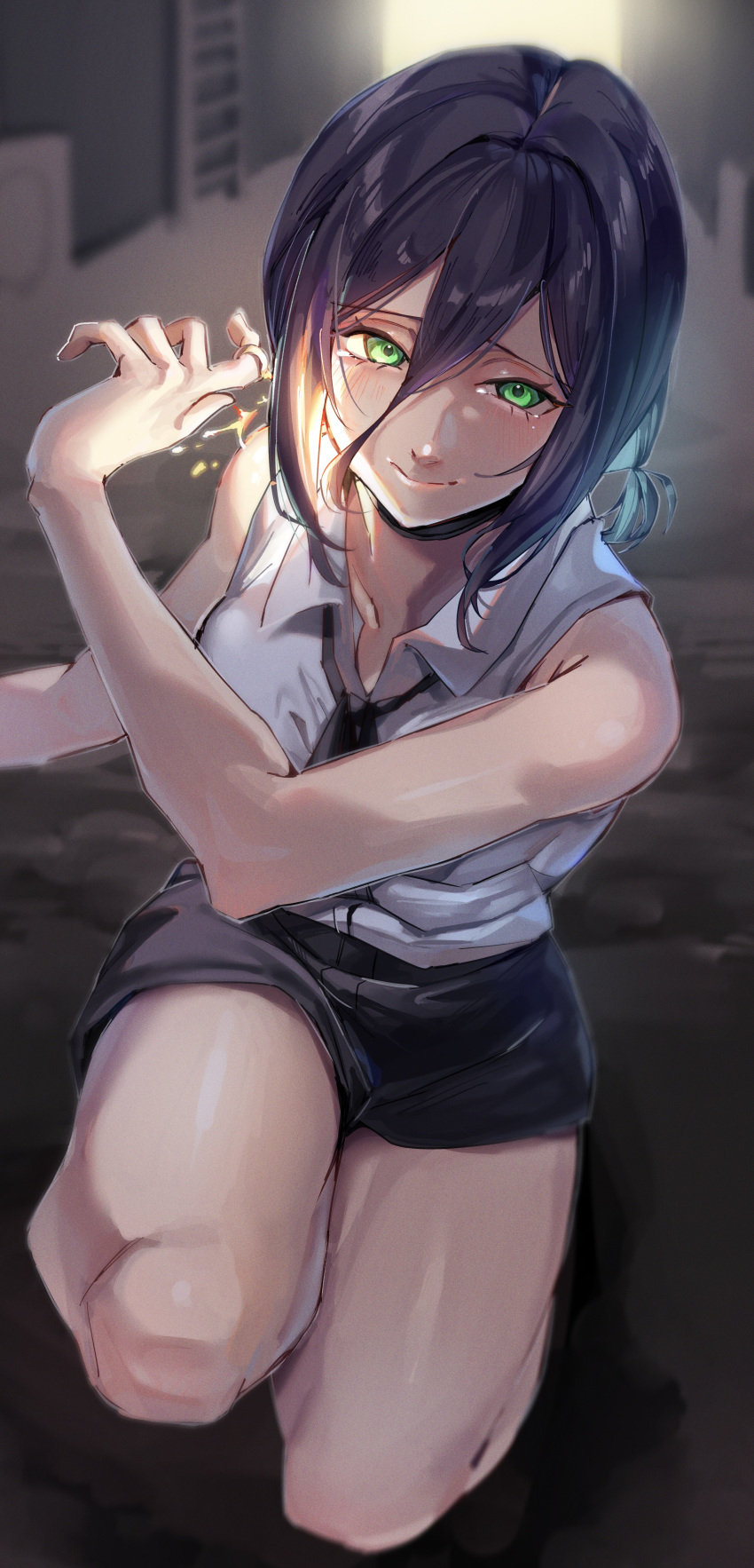 1girl, absurdres, alley, black_choker, black_hair, black_ribbon, black_shorts, chainsaw_man