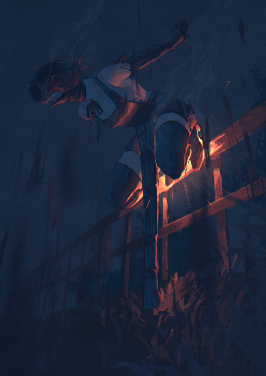 1girl, absurdres, apron, black_apron, black_gloves, black_ribbon, black_thighhighs, bomb_devil_(chainsaw_man)