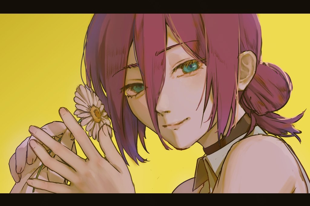 1girl, black_choker, chainsaw_man, choker, closed_mouth, flower, green_eyes, grey_shirt