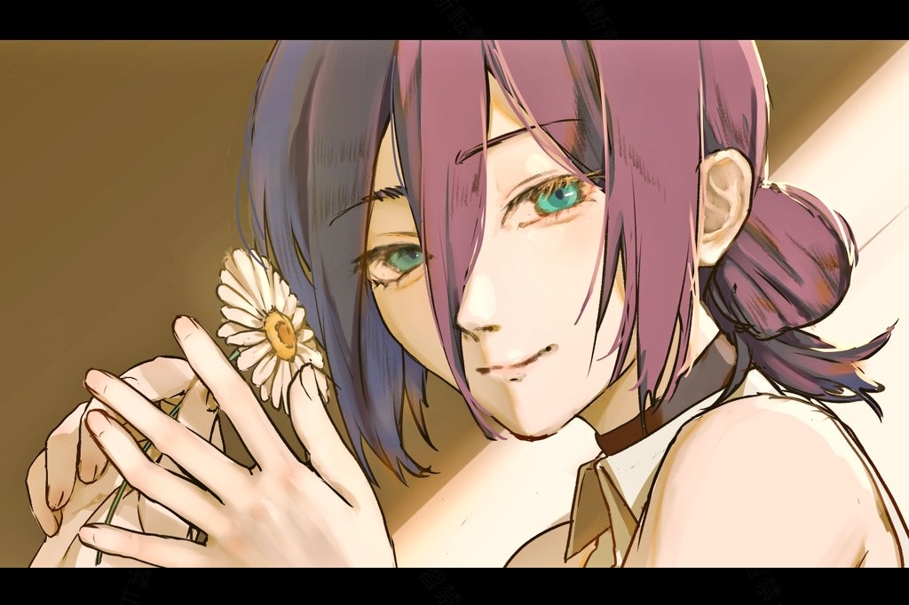 1girl, black_choker, chainsaw_man, choker, closed_mouth, flower, green_eyes, grey_shirt