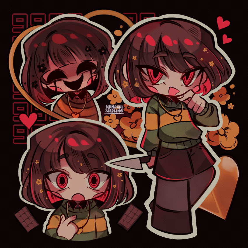 1other, black_pantyhose, black_shirt, black_shorts, brown_hair, candy, chara_(undertale), chocolate