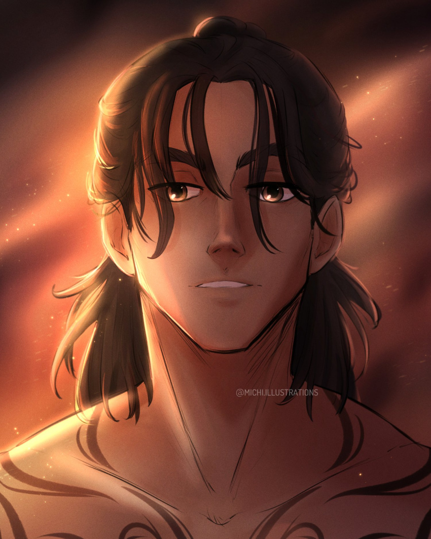 1boy, a_court_of_thorns_and_roses_(series), brown_eyes, brown_hair, cassian_(acotar), commentary, embers, half_updo