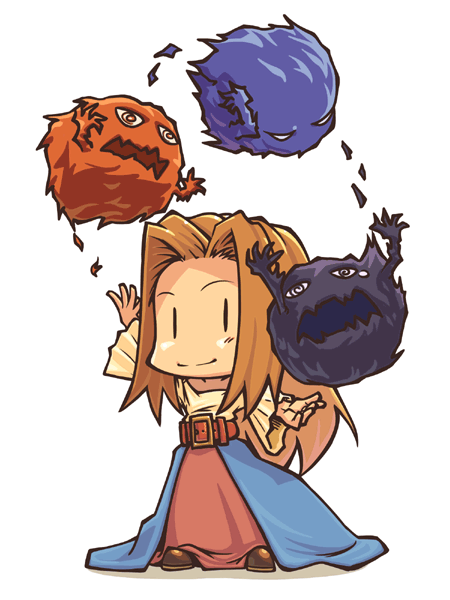 belt, blonde_hair, bomb_(final_fantasy), chibi, dress, female, final_fantasy, final_fantasy_tactics, juggling, long_hair, mmgrkmnk, momigara_(mmgrkmnk), monster, reis_duelar, |_|
