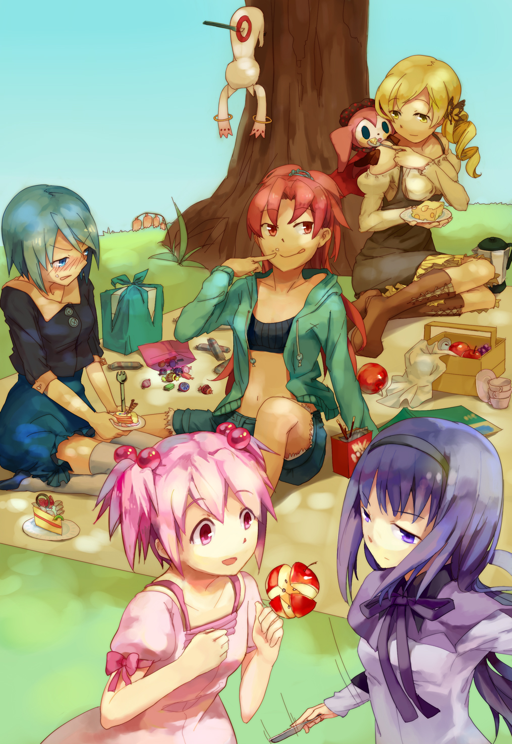casual, charlotte_(madoka_magica), greenheart, highres, kaname_madoka, kyubey, mahou_shoujo_madoka_magica, miki_sayaka, picnic, picnic_basket, sakura_kyouko, shade, tomoe_mami, tree