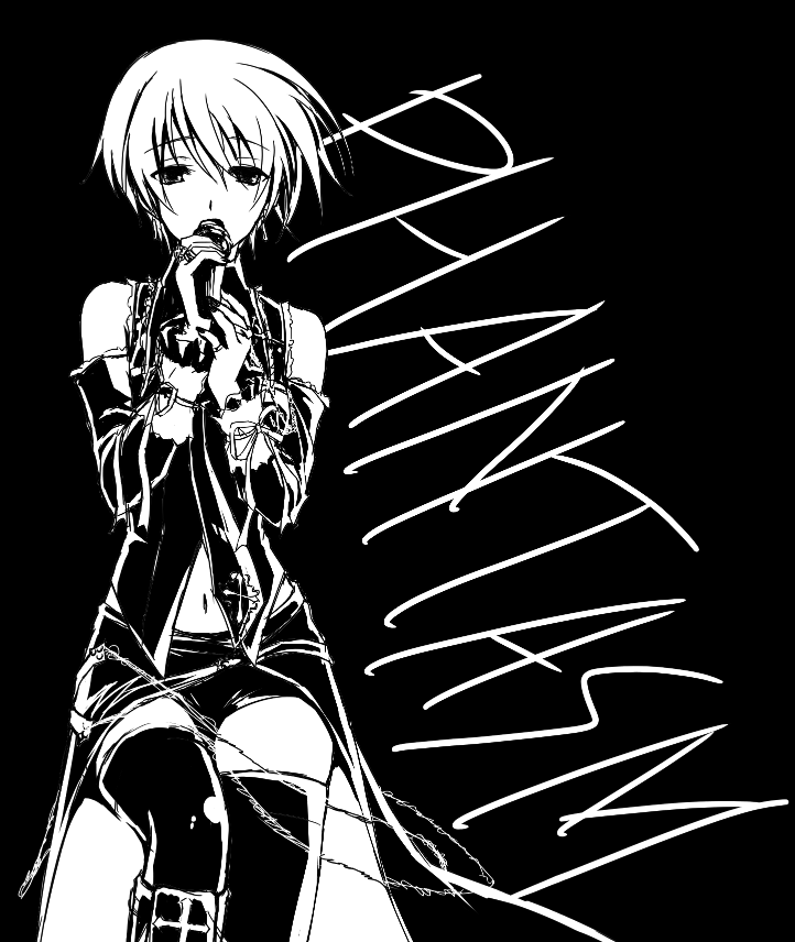 1girl, black_background, black_thighhighs, chaos;head, clothing_cutout, clothing_request, detached_sleeves, frilled_cuffs