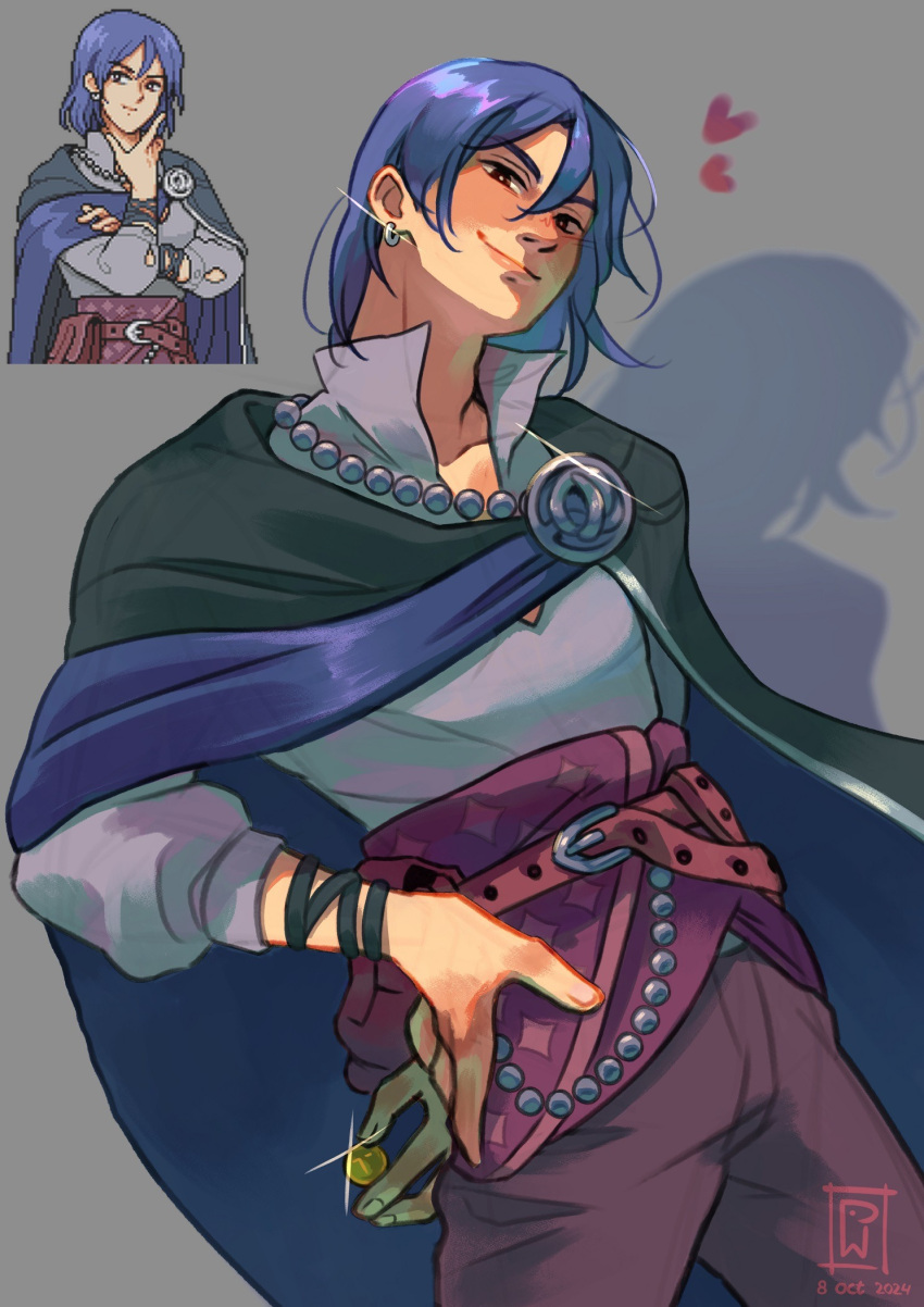 1boy, arm_behind_back, balor_(fields_of_mistria), black_cape, blue_hair, cape, earrings, fields_of_mistria