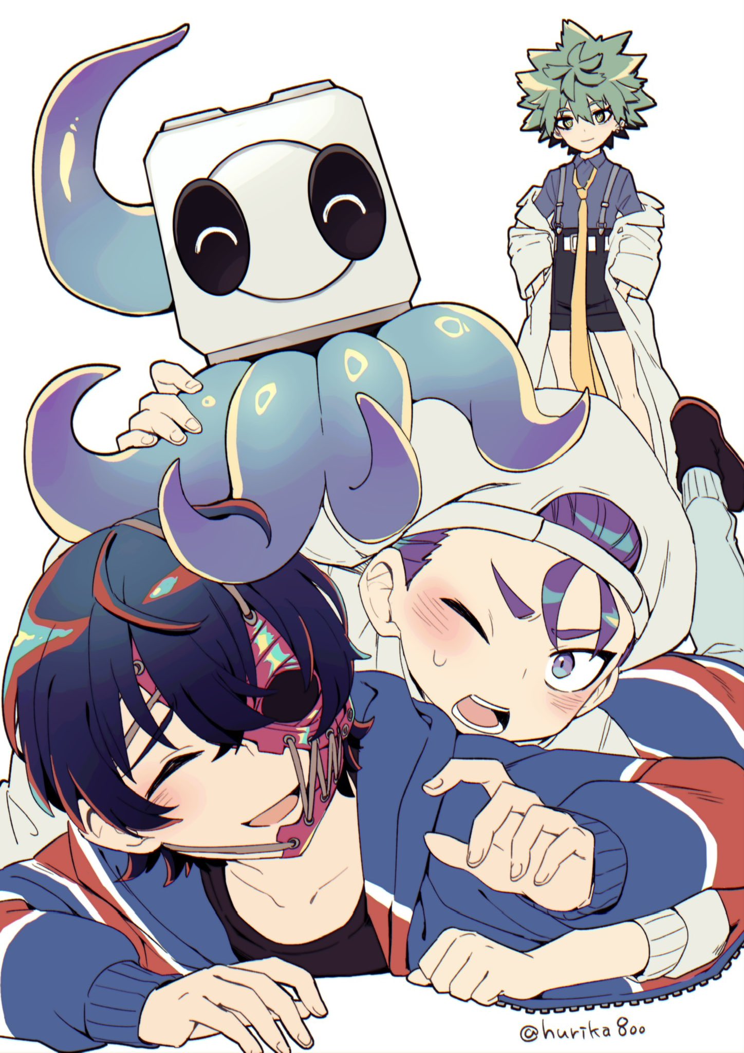 1girl, 2boys, ^_^, arale_(shuten_order), black_hair, black_shirt, black_shorts, blue_shirt