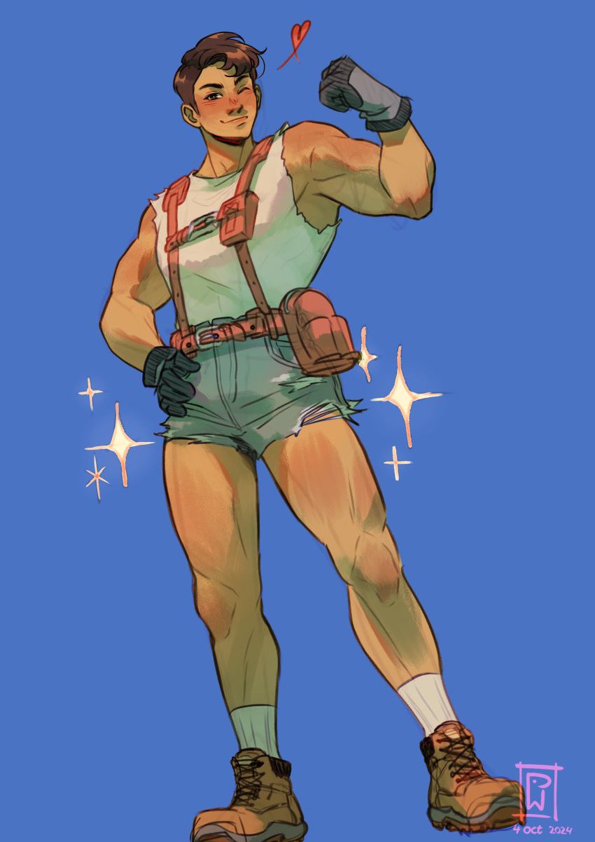 1boy, absurdres, black_hair, blacksmith, blue_background, fields_of_mistria, flexing, full_body