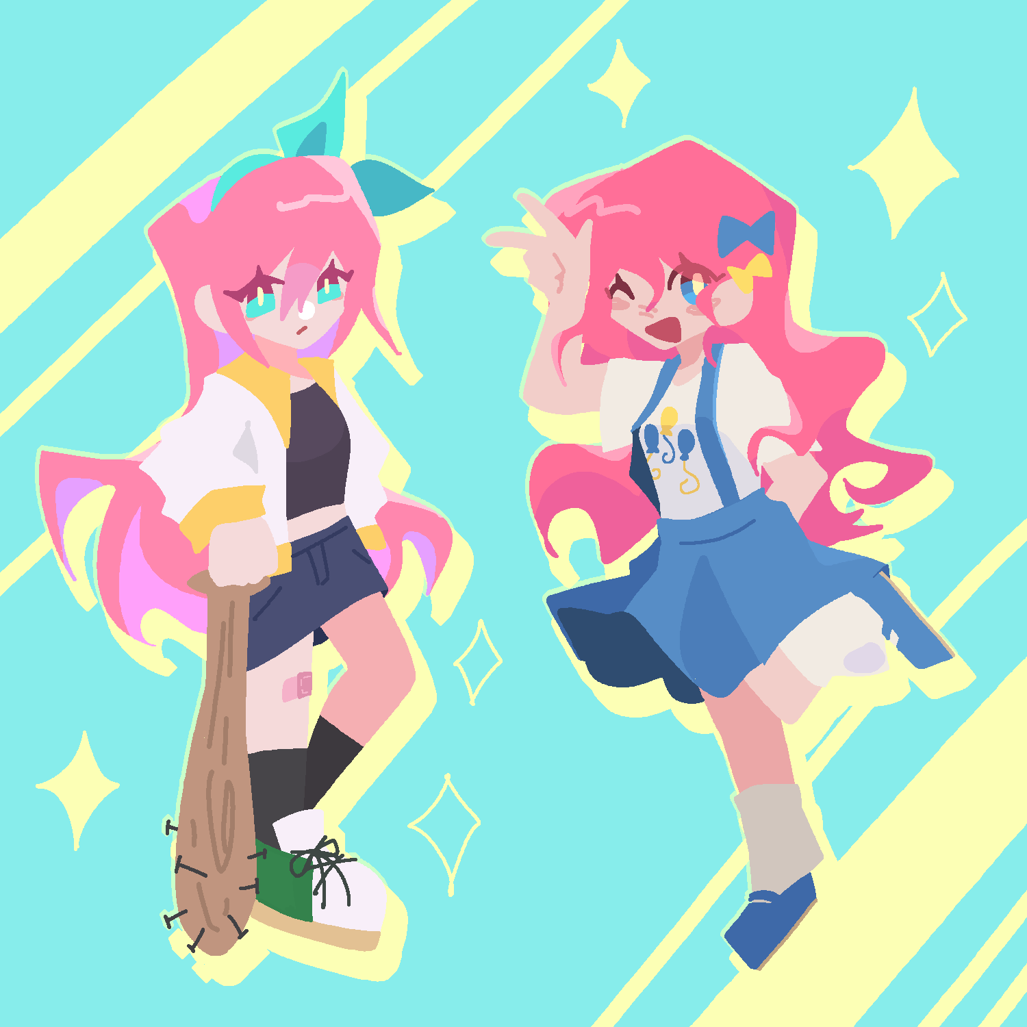 2girls, ;d, aqua_background, aqua_eyes, aqua_hairband, arm_behind_back, arm_up, aubrey_(faraway)_(omori)