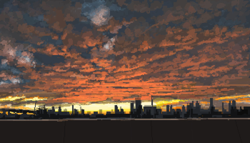 cityscape, clouds, cloudy_sky, glowing, highres, hisachan55cute, no_humans, original, pixel_art, scenery, silhouette, sky, sky_focus, skyline, sunset