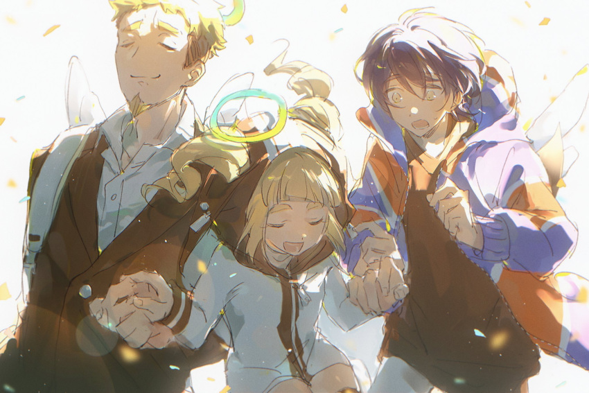 1boy, 2girls, angel, backlighting, backpack, bag, black_hair, black_jacket