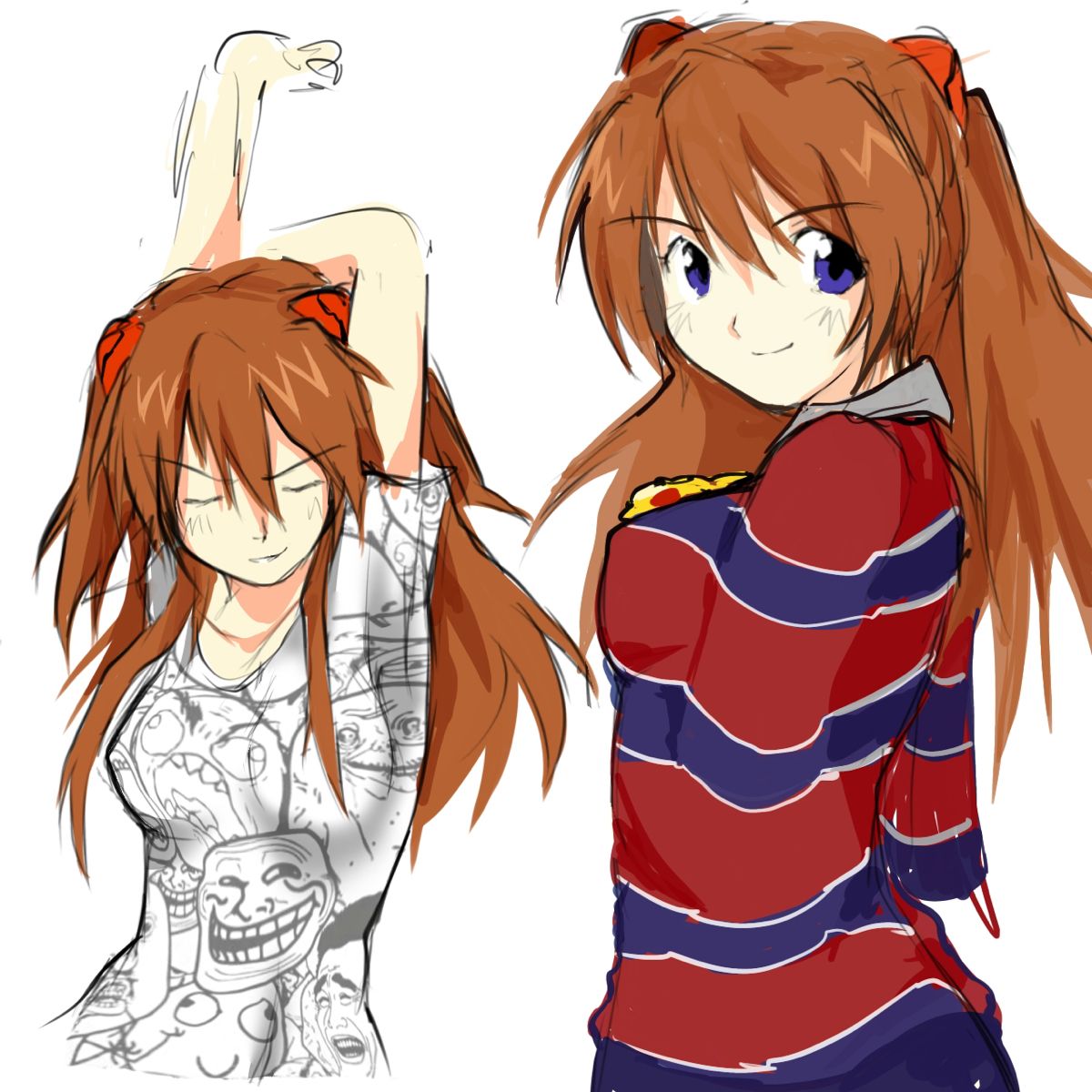 2girls, arm_behind_head, arm_up, blue_eyes, breasts, canihavepromo, chris-chan, chris-chan_(cosplay)