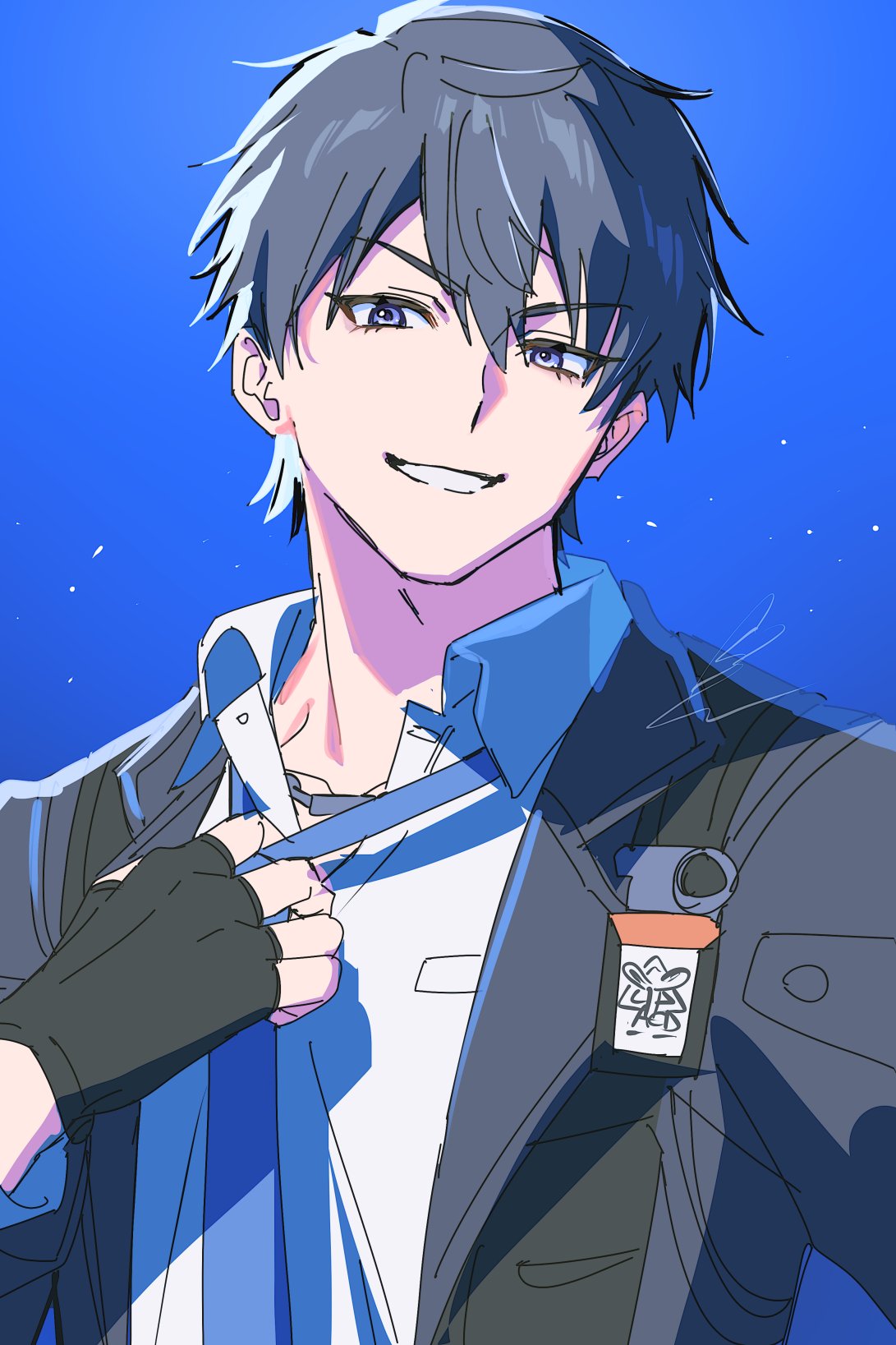 1boy, adjusting_clothes, adjusting_necktie, ananta, black_gloves, black_hair, black_jacket, blue_background