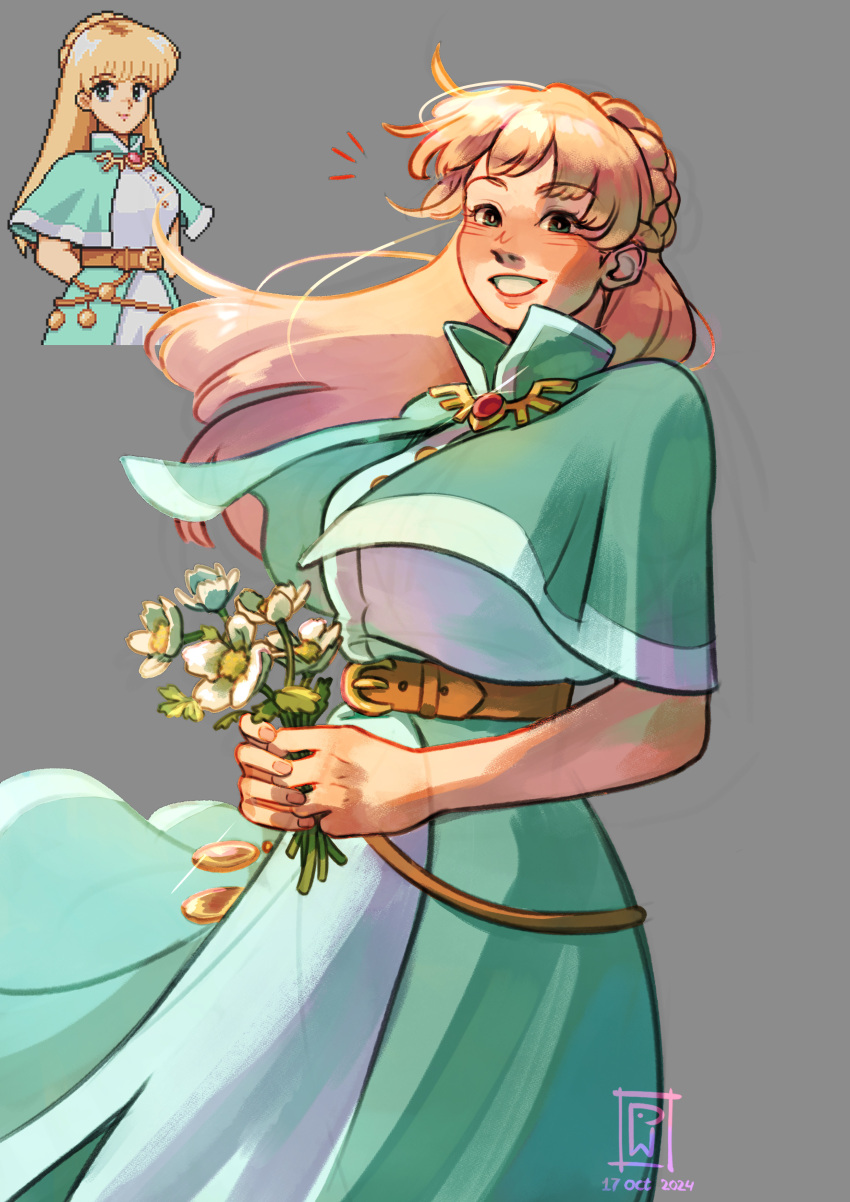 1girl, absurdres, blonde_hair, blunt_bangs, braid, celine_(fields_of_mistria), crown_braid, dress, fields_of_mistria, flower, grey_background, grin, highres, holding, holding_flower, jacket_mine, long_hair, looking_at_viewer, smile, solo, teeth, white_dress