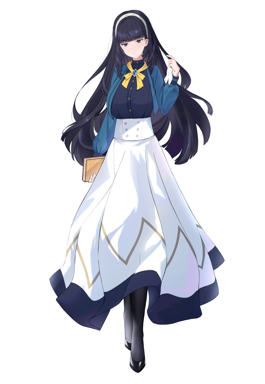 1girl, absurdres, aqua_jacket, black_shoes, black_thighhighs, book, breasts, claudia_ashley, closed_mouth, expressionless, eyebrows_hidden_by_hair, fukurou_neko, full_body, gloves, hairband, high-waist_skirt, high_heels, highres, holding, holding_book, jacket, large_breasts, long_hair, looking_at_viewer, purple_hair, purple_shirt, school_uniform, shirt, shoes, silent_witch, simple_background, skirt, solo, stiletto_heels, thigh-highs, unworn_gloves, violet_eyes, white_background, white_gloves, white_skirt