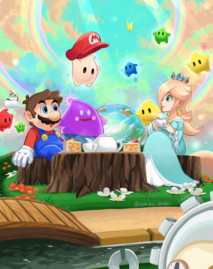 1boy, 1girl, absurdres, aqua_dress, artist_name, blonde_hair, blue_eyes, blue_overalls