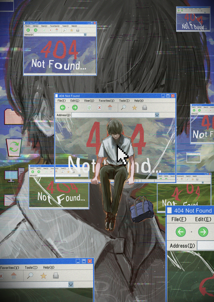 1boy, absurdres, bag, black_hair, cursor, desktop_(computing), distortion, dokudokuo