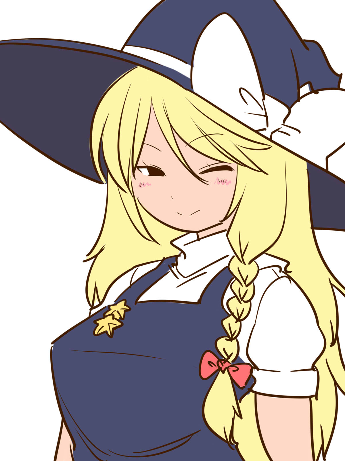 1girl, black_eyes, black_hat, black_vest, blonde_hair, blush, bow, braid