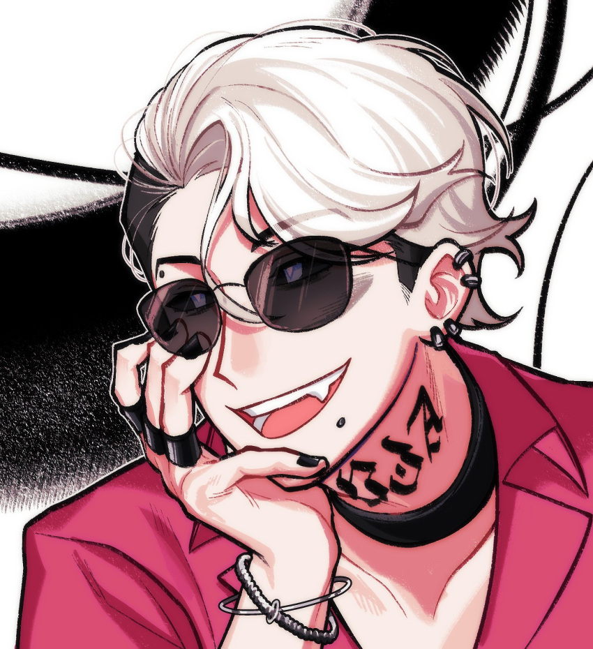 1boy, :d, black_background, black_choker, black_nails, choker, eyes_visible_through_eyewear, fang