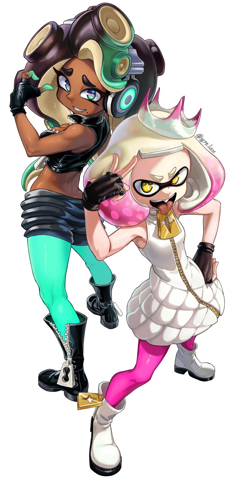 2girls, black_boots, black_hair, boots, breasts, crop_top, crown, dark-skinned_female