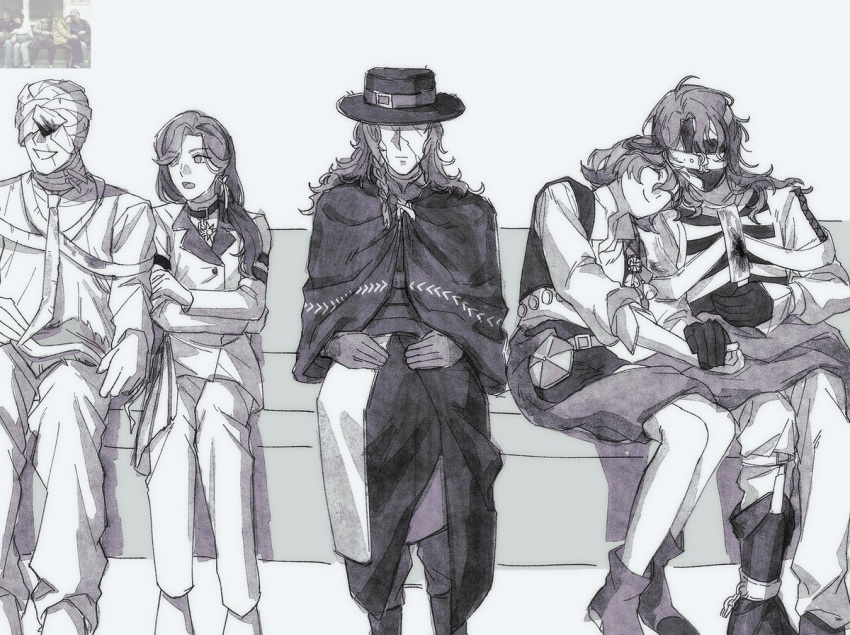2girls, 3boys, ^_^, aleph_(reverse:1999), ankle_boots, bandaged_head, bandages, boots