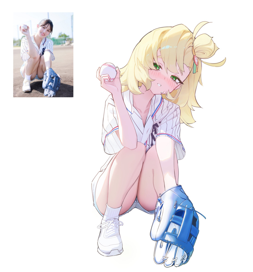 2girls, absurdres, ass, ball, baseball, baseball_mitt, baseball_uniform, blonde_hair, blush, collared_shirt, commentary, green_eyes, grin, head_tilt, highres, holding, holding_ball, multiple_girls, narrowed_eyes, ohoo_7am, photo-referenced, photo_inset, piper_wheel, real_life, shirt, shoes, shorts, simple_background, smile, sneakers, socks, sportswear, squatting, striped_clothes, striped_shirt, sweat, thighs, white_background, white_shirt, white_shoes, white_shorts, white_socks, zenless_zone_zero