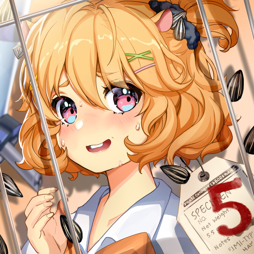 1girl, animal_ears, black_scrunchie, blonde_hair, buck_teeth, commentary, countdown_illustration, eimi_isami