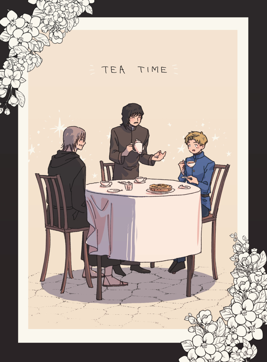 3boys, black_border, black_hair, black_jacket, black_robe, black_shoes, blonde_hair, blue_jacket