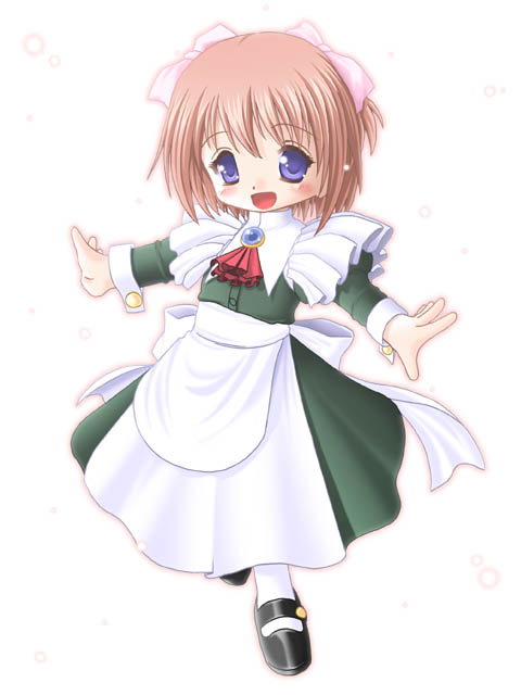 1girl, 2000s_(style), apron, aqua_gemstone, archived_source, ascot, black_shoes, blush