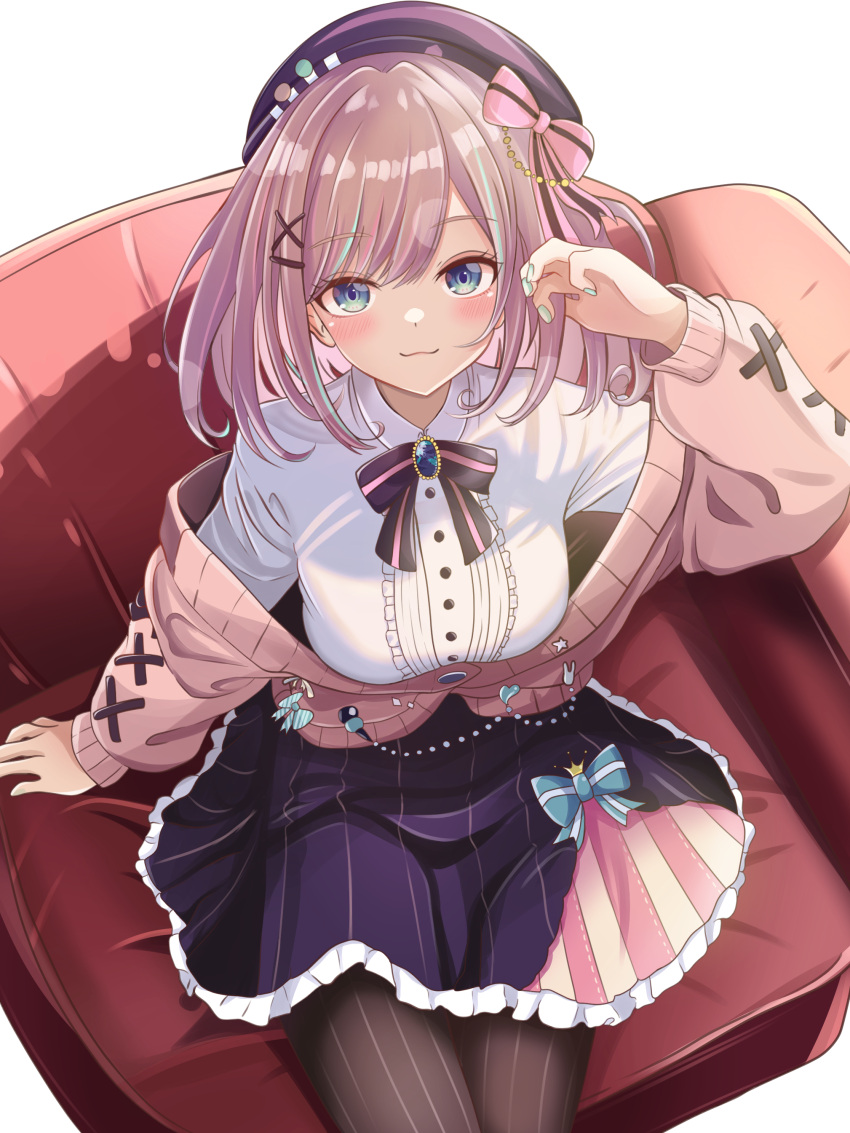 1girl, :3, absurdres, aqua_bow, aqua_streaks, badge, beret, black_bow