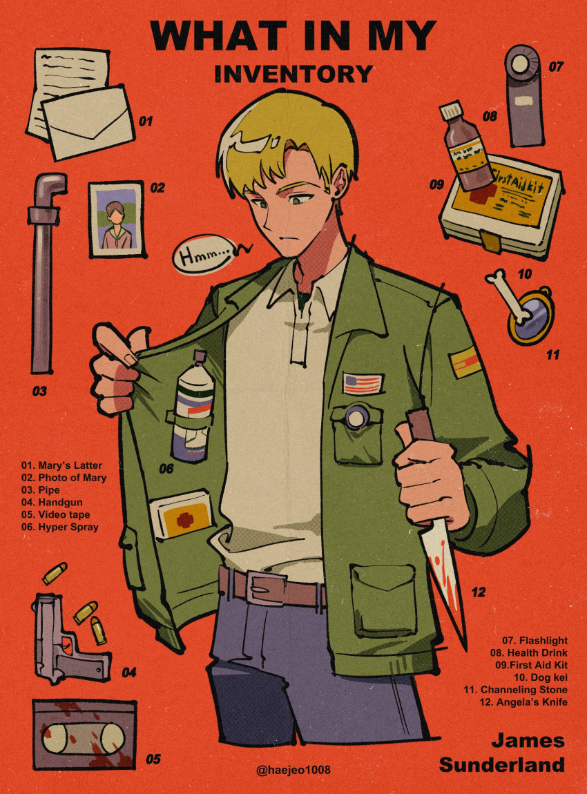 1boy, american_flag, belt, belt_buckle, black_shirt, blonde_hair, blood, blood_on_weapon