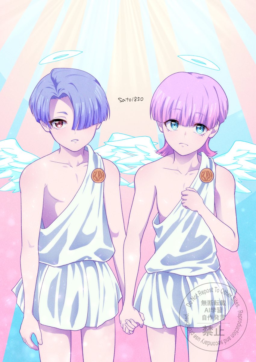 2boys, aged_down, angel, angel_wings, blue_eyes, blue_hair, brothers, commentary_request