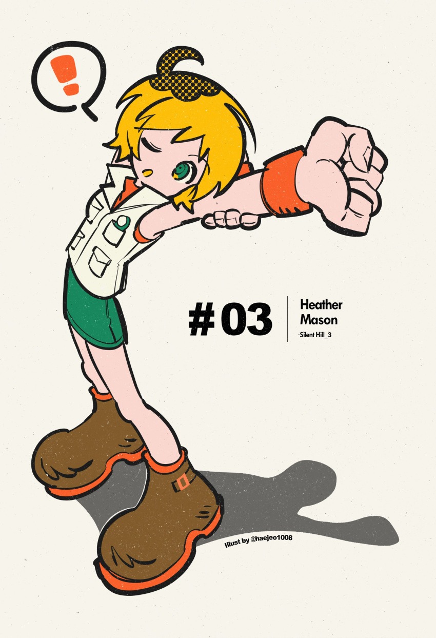 1girl, ?, absurdres, ahoge, arm_behind_head, blonde_hair, boots, breasts