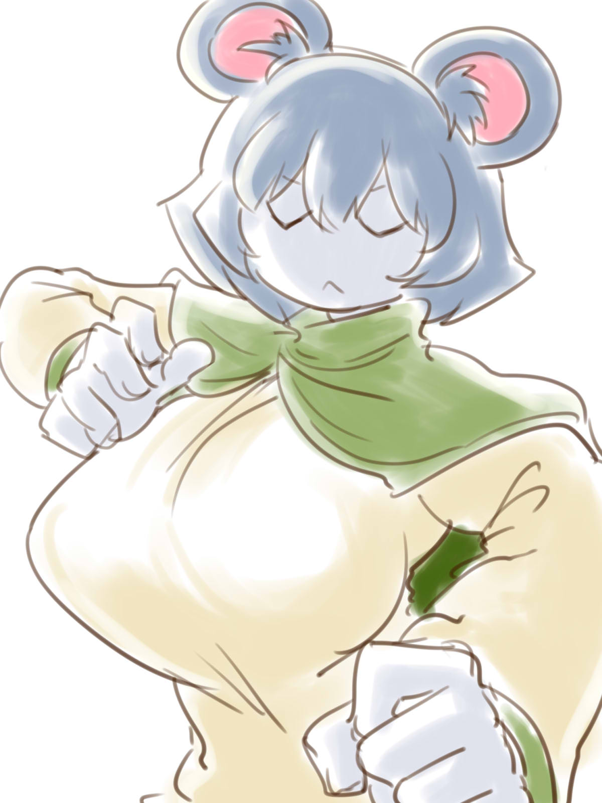 1girl, :<, animal_ears, breasts, capelet, closed_eyes, closed_mouth, colored_skin