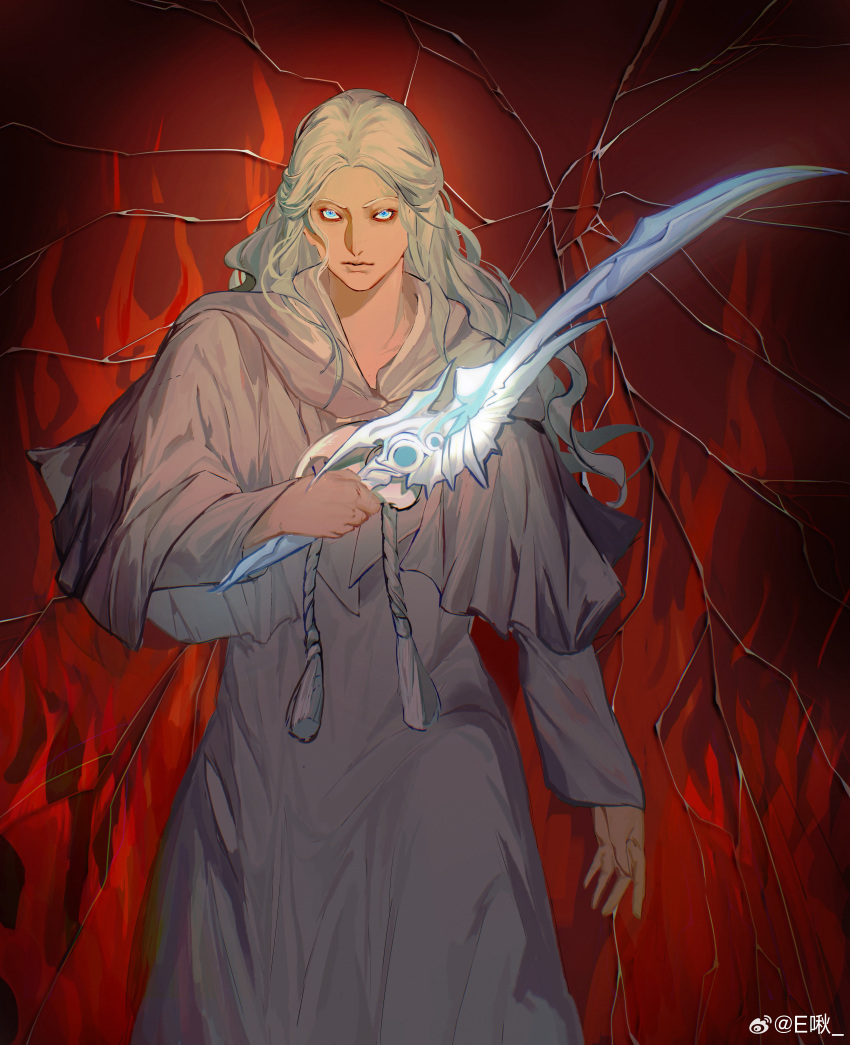 1girl, absurdres, blue_eyes, capelet, cowboy_shot, crack, cracked_background, drawstring