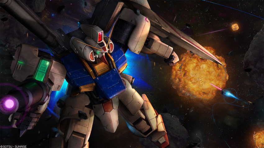 absurdres, asteroid, battle, beam_rifle, debris, energy_gun, explosion, glowing