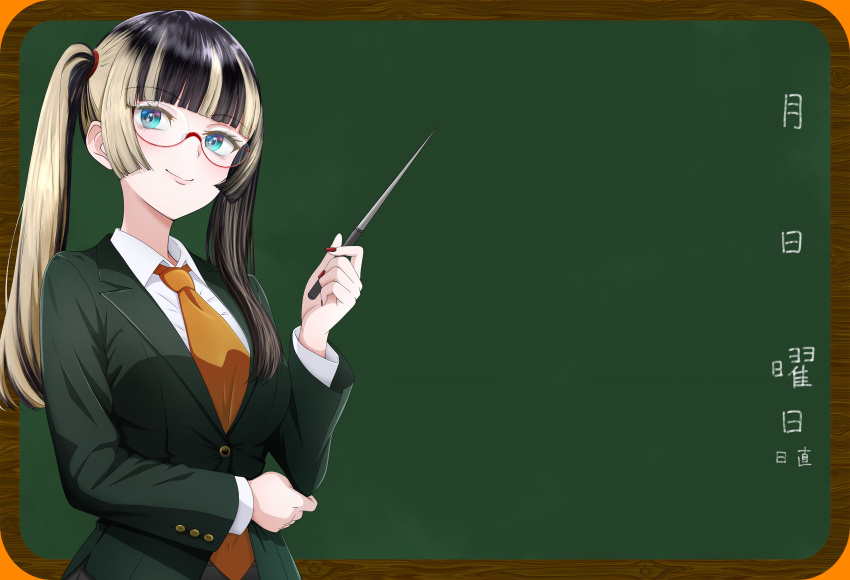 1girl, absurdres, black_hair, blonde_hair, blue_eyes, blunt_sidelocks, chalkboard, collared_shirt