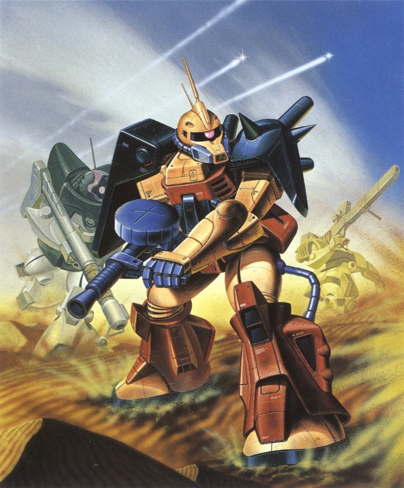 1980s_(style), bazooka_(gundam), beam_cannon, cable, clouds, desert, desert_zaku, dom_(mobile_suit)