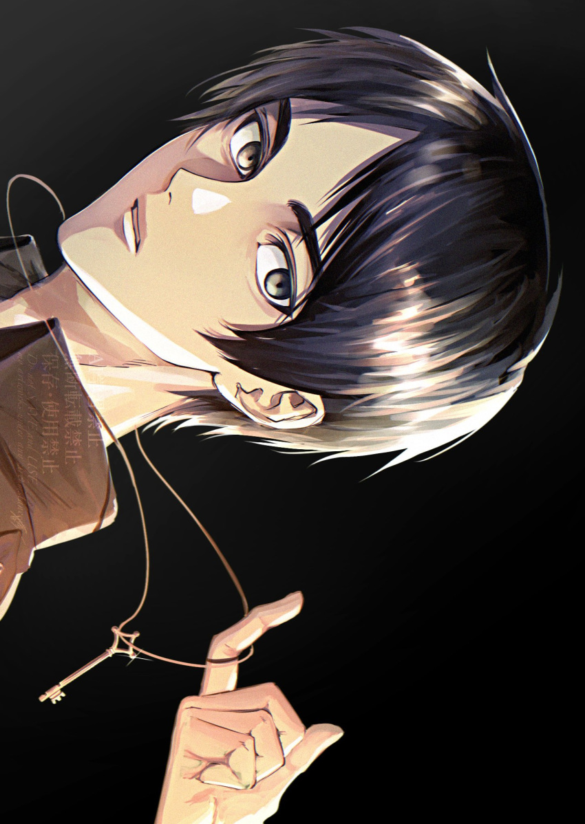 1boy, black_background, brown_hair, brown_jacket, eren_yeager, grey_eyes, highres, holding