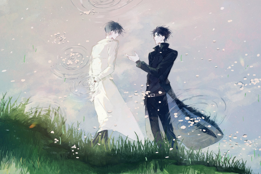 2boys, arms_behind_back, black_coat, black_hair, breathing742105, coat, day, falling_petals