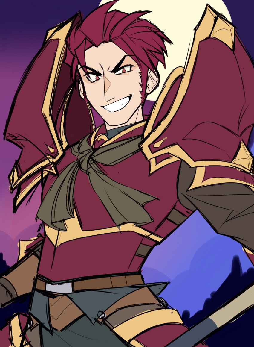 1boy, absurdres, armor, commentary, cowboy_shot, english_commentary, evil_grin, evil_smile