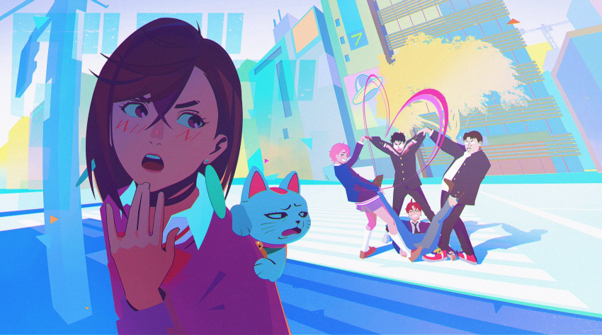 1other, 2girls, 3boys, aruksyu, ayase_momo, black_hair, black_jacket, brown_hair