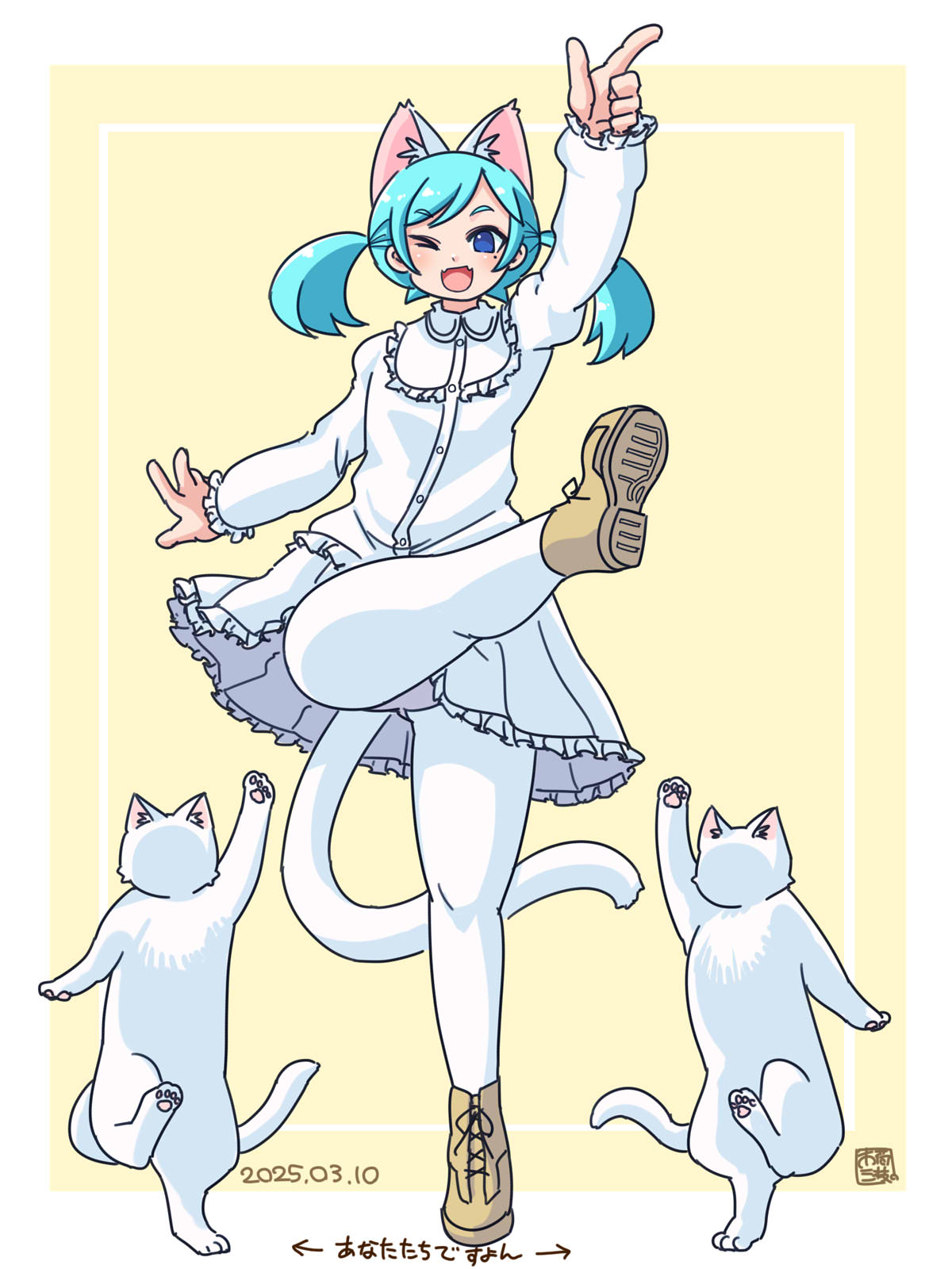 1boy, 2channel, 2channel_(/livejupiter/), aile-kun, animal_ears, blue_eyes, blue_hair, brown_shoes, cat, cat_boy, cat_ears, cat_tail, commentary_request, crossdressing, crossdressing_(mtf), dated, dress, frilled_dress, frills, full_body, highres, itini-sanshi, kicking, long_sleeves, looking_at_viewer, male_focus, medium_hair, mole, mole_under_eye, open_mouth, pantyhose, shoes, short_twintails, smile, solo, tail, translation_request, trap, twintails, white_background, white_cat, white_dress, white_pantyhose, yellow_background