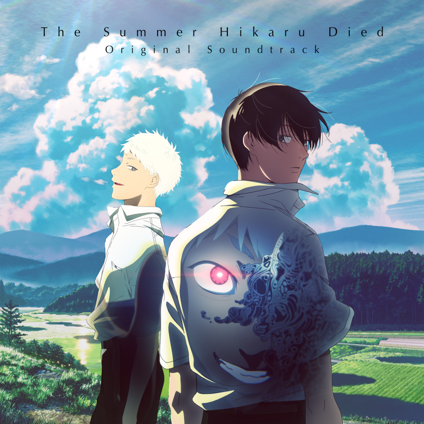 2boys, absurdres, album_cover, black_hair, blue_sky, clouds, cloudy_sky, collared_shirt
