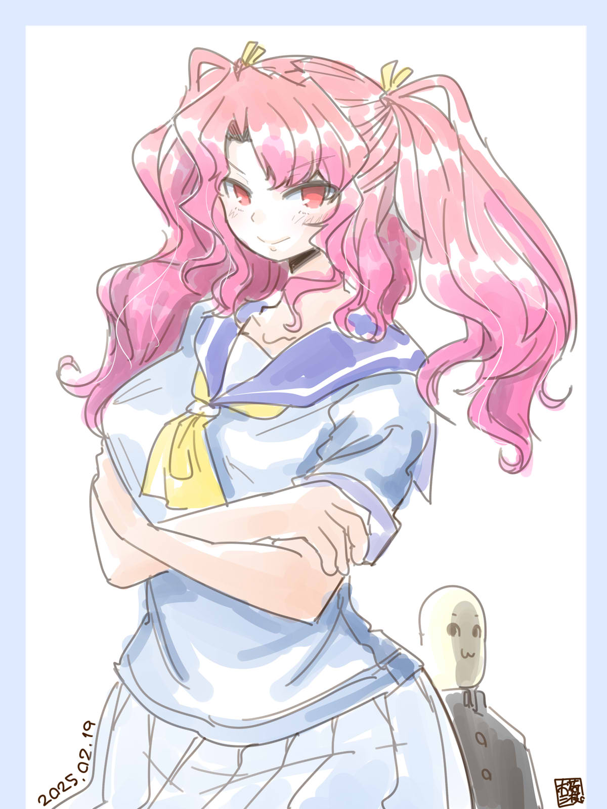 1boy, 1girl, 2channel, :3, blue_sailor_collar, closed_mouth, commentary_request, cowboy_shot