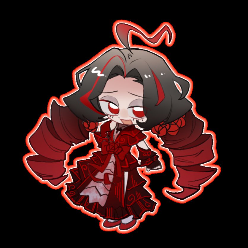 1girl, ahoge, black_background, black_hair, bow, chibi, dress, drill_hair