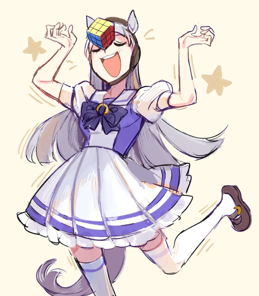 1girl, animal_ears, blunt_bangs, bow, cube, gold_ship_(umamusume), grey_hair, hat