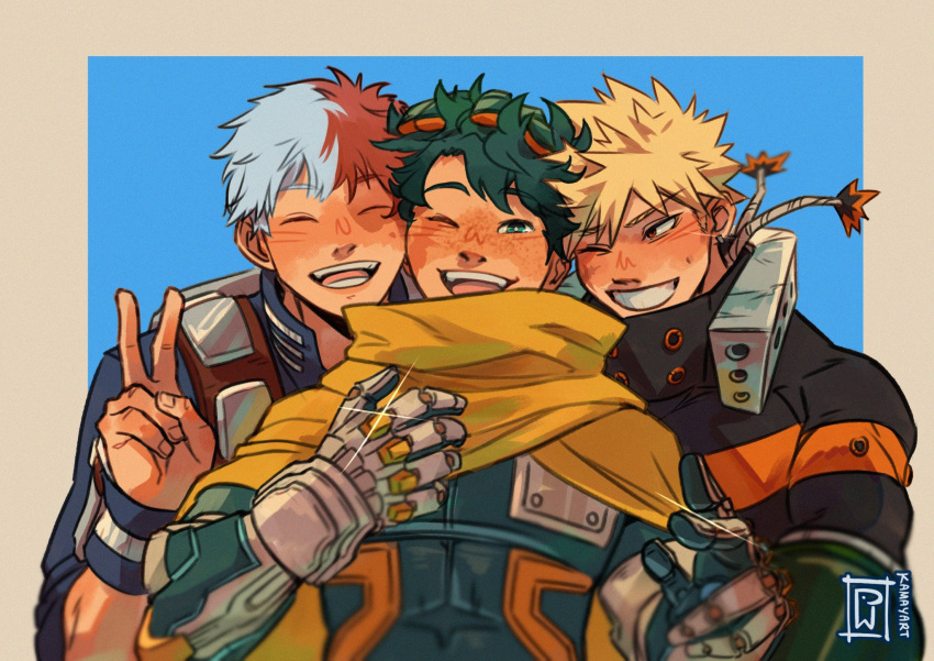 3boys, armored_gloves, artist_name, bakugou_katsuki, blonde_hair, blue_background, boku_no_hero_academia, border