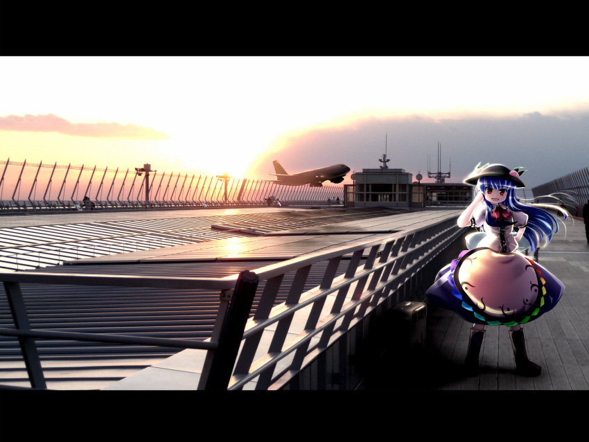 airplane, airport, barefoot, blue_hair, boots, chipika, chubu_centrair_international_airport, contemporary, food, fruit, hand_in_hair, hand_on_hip, hat, highres, hinanawi_tenshi, letterboxed, peach, photo_background, red_eyes, scenery, solar_panel, solo, sunset, touhou
